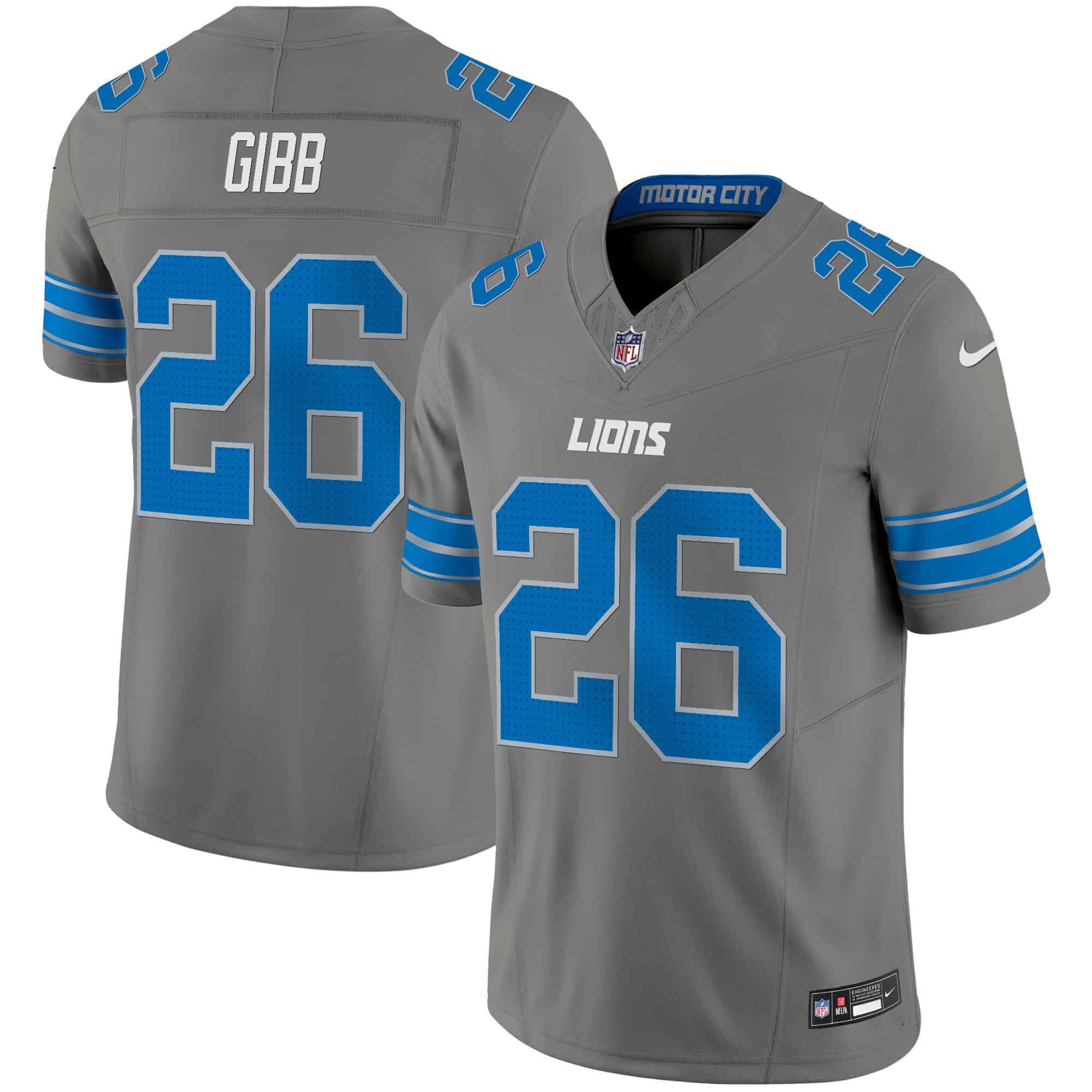 Men Detroit Lions 26 Gibb Grey 2024 Nike Vapor Limited NFL Jersey